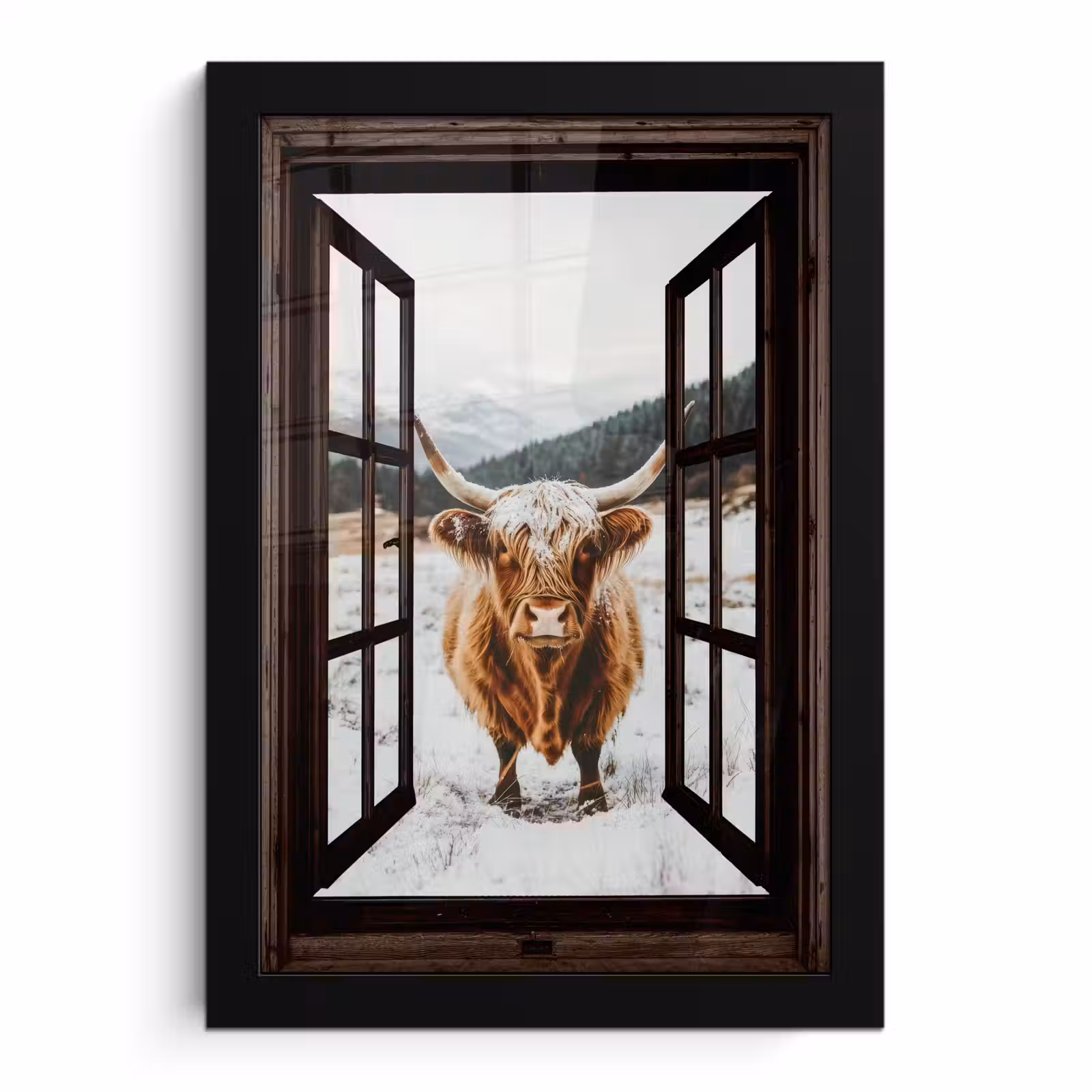 Poster met lijst - Schotse Hooglander - Landschap - Landelijk - Bergen - Winter - Doorkijk - Donker — 1
