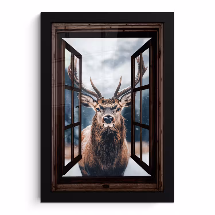 Poster met lijst - Doorkijk - Hert - Dieren - Landschap - Winter - Sneeuw - Landelijk — 1
