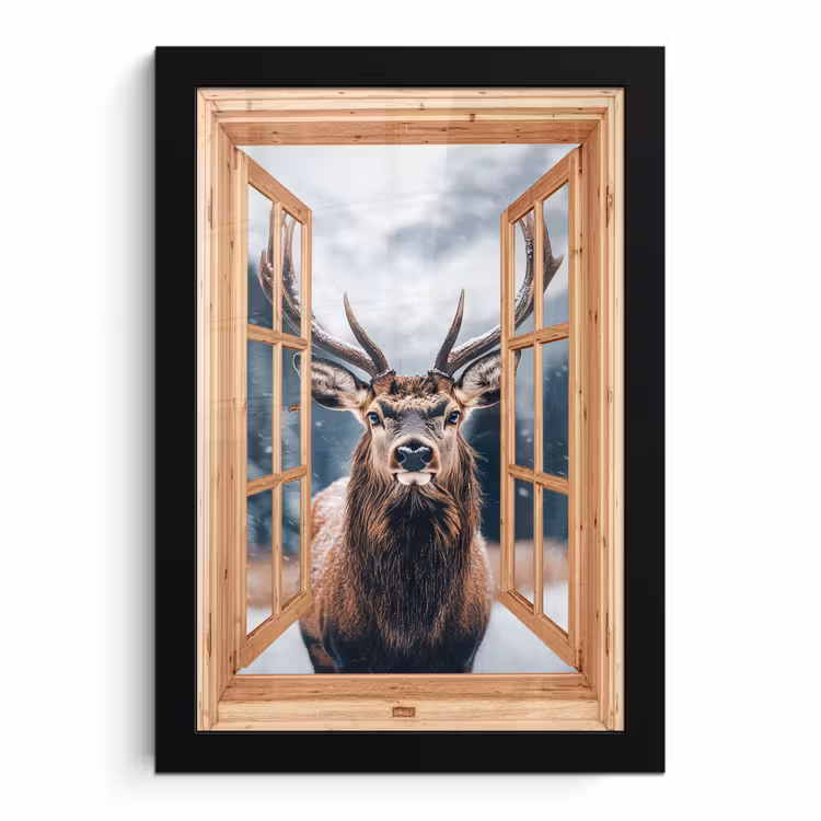 Poster met lijst - Doorkijk - Hert - Dieren - Winterlandschap - Sneeuw — 1