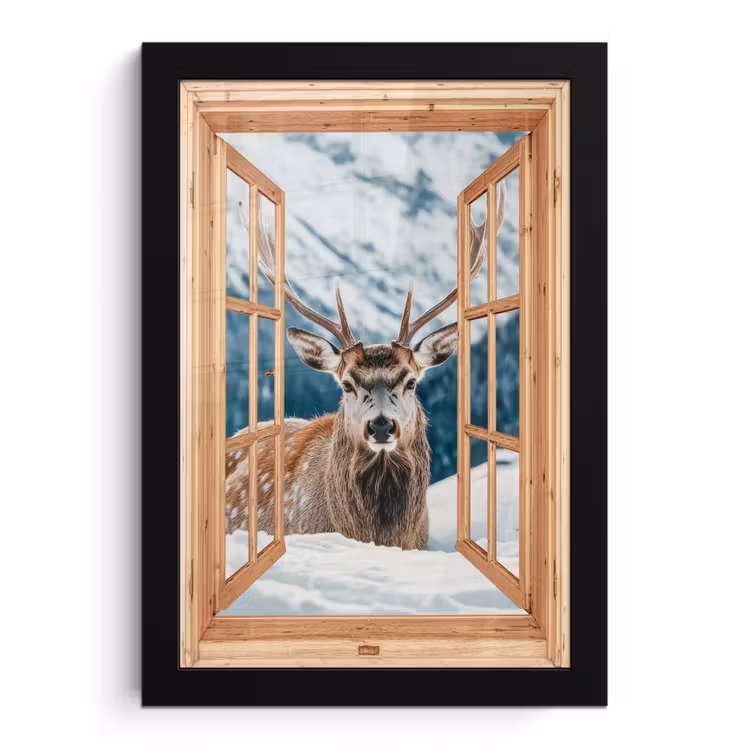 Poster met lijst - Doorkijk - Hert - Landschap - Winter - Natuur - Dieren - Bergen — 1
