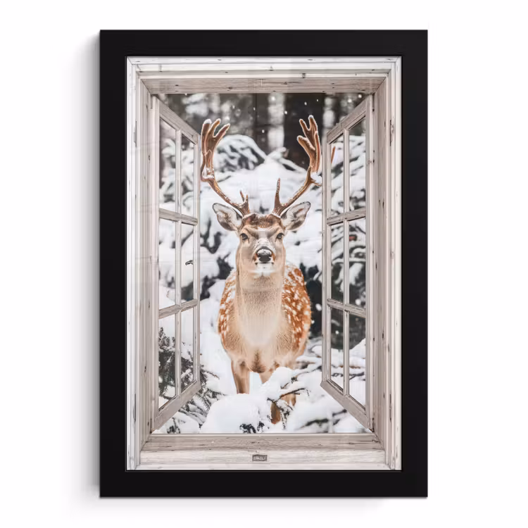 Poster met lijst - Doorkijk - Hert - Sneeuw - Winter - Bos - Dieren - Natuur — 1