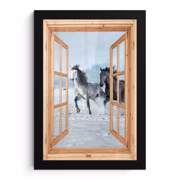 Poster met lijst - Doorkijk - Paarden - Winter - Dieren - Natuur - Hout — 1