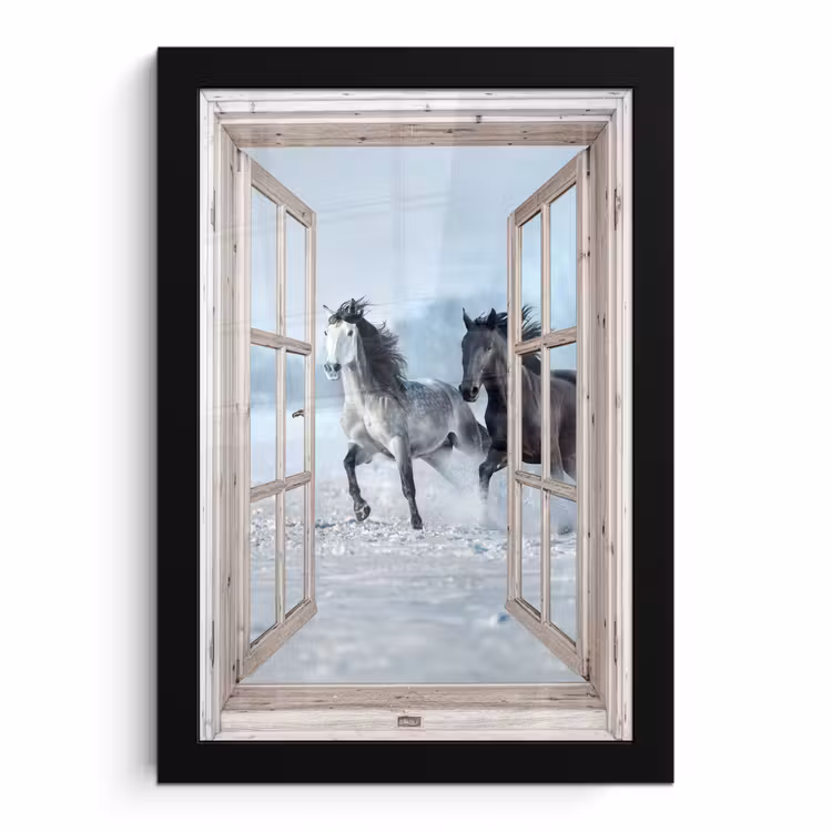 Poster met lijst - Doorkijk - Paarden - Winter - Dieren - Natuur - Wit — 1