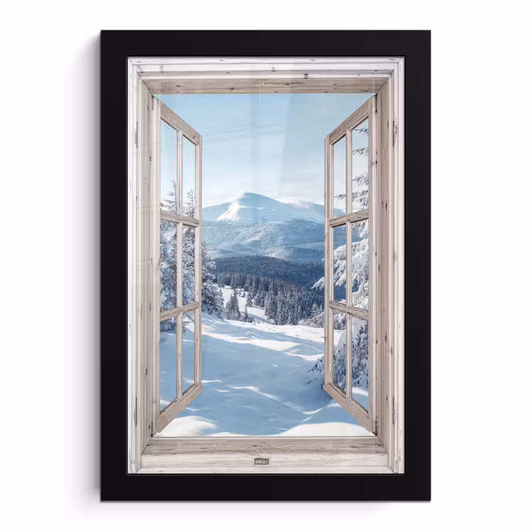 Poster met lijst - Doorkijk - Winter - Landschap - Natuur - Berg - Bomen - Wit — 1