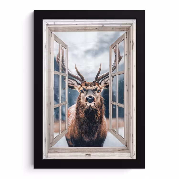 Poster met lijst - Hert - Dieren - Landschap - Winter - Sneeuw - Doorkijk - Natuur — 1