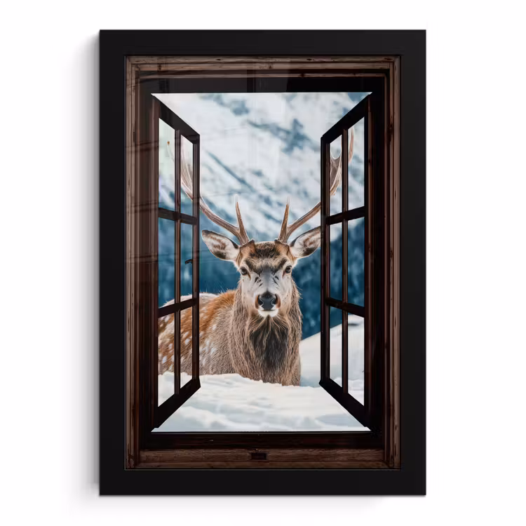 Poster met lijst - Hert - Landschap - Winter - Natuur - Dieren - Doorkijk - Bergen — 1