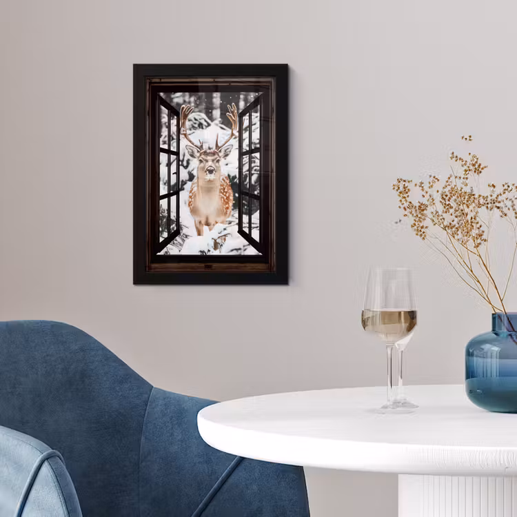 Poster met lijst - Hert - Sneeuw - Winter - Bos - Dieren - Doorkijk — 2