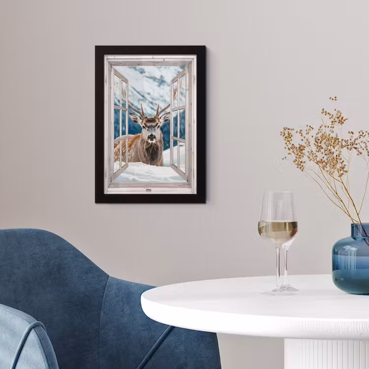 Poster met lijst - Hert - Winterlandschap - Natuur - Dieren - Doorkijk - Bergen — 2