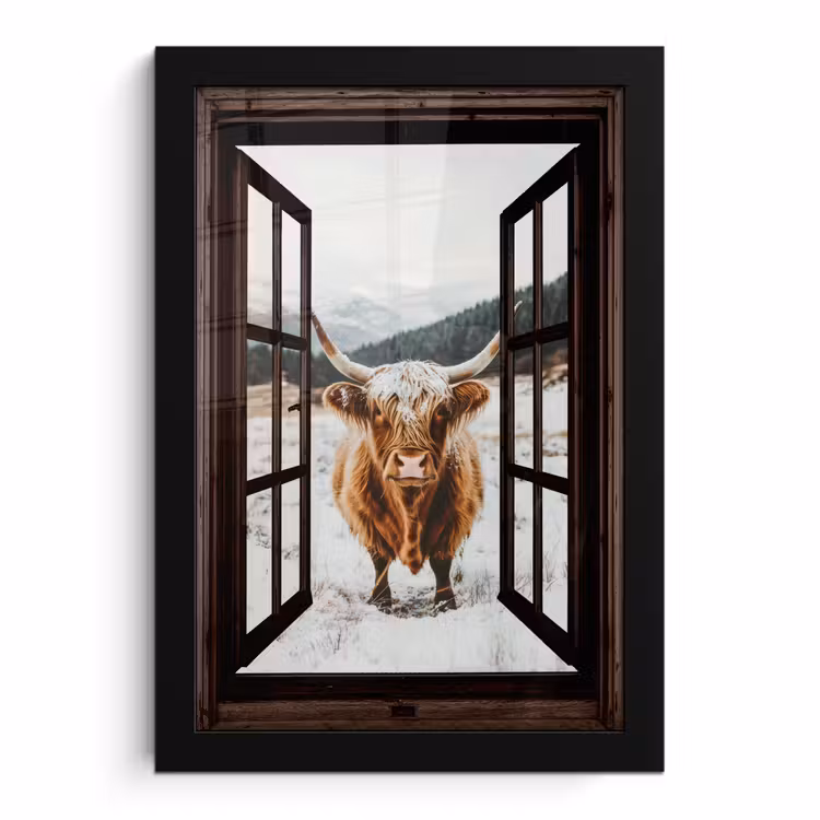 Poster met lijst - Schotse Hooglander - Landschap - Landelijk - Bergen - Winter - Doorkijk - Donker — 1
