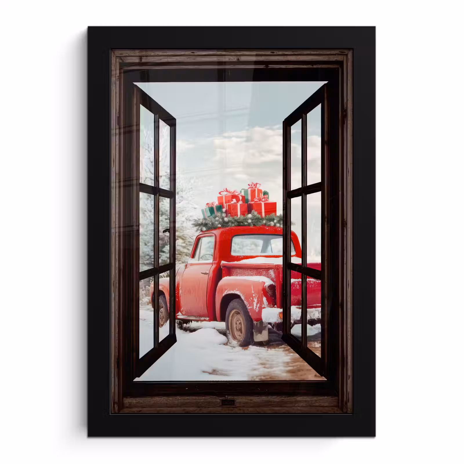Poster met lijst - Doorkijk - Auto - Rood - Cadeaus - Winterlandschap - Kerst — 1