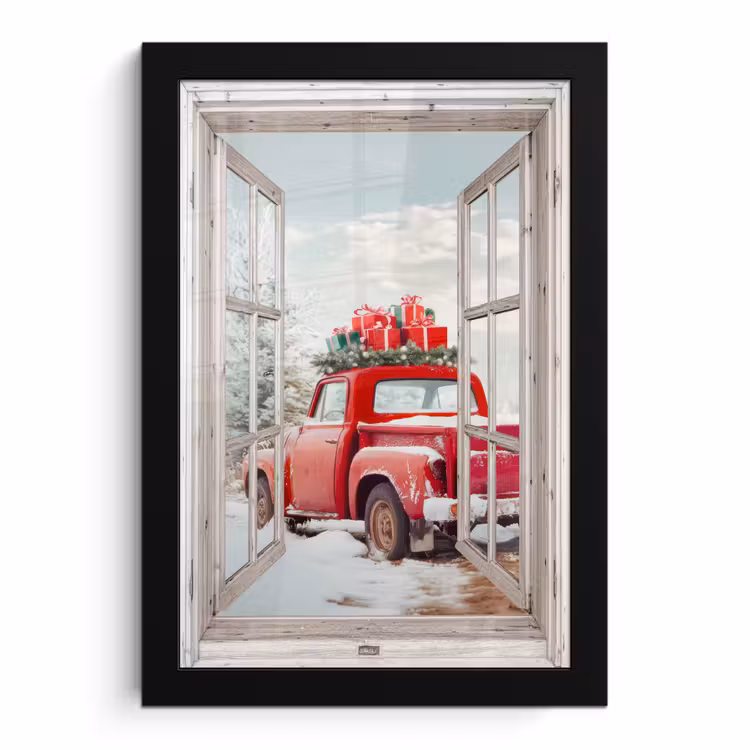 Poster met lijst - Auto - Rood - Cadeaus - Winter - Kerst - Doorkijk - Wit — 1