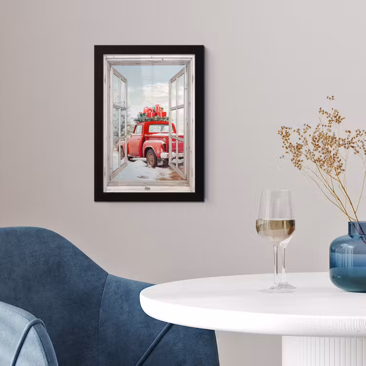 Poster met lijst - Auto - Rood - Cadeaus - Winter - Kerst - Doorkijk - Wit — 2