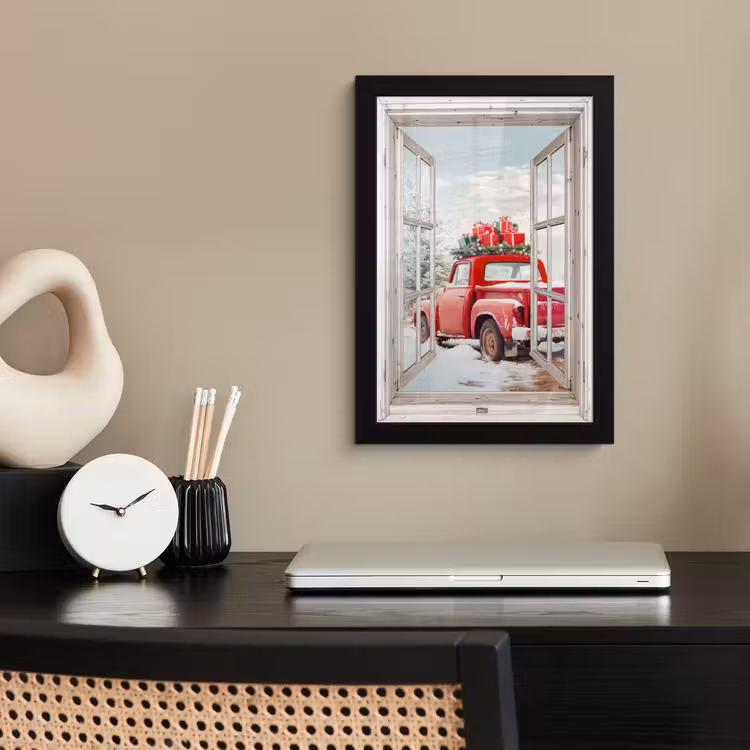 Poster met lijst - Auto - Rood - Cadeaus - Winter - Kerst - Doorkijk - Wit — 3