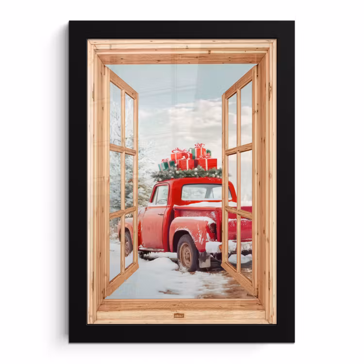 Poster met lijst - Doorkijk - Auto - Kerst - Cadeaus - Winter - Landschap — 1