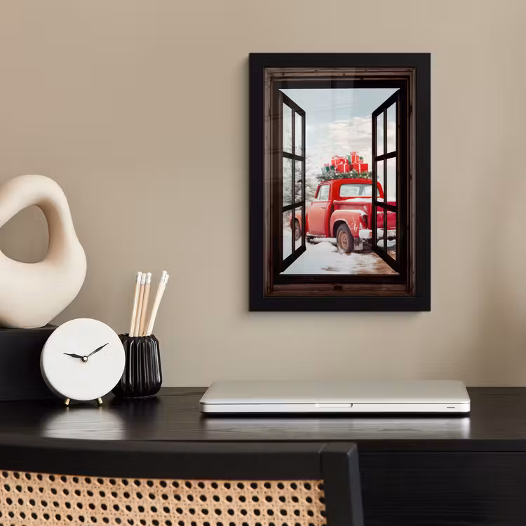 Poster met lijst - Doorkijk - Auto - Rood - Cadeaus - Winterlandschap - Kerst — 3