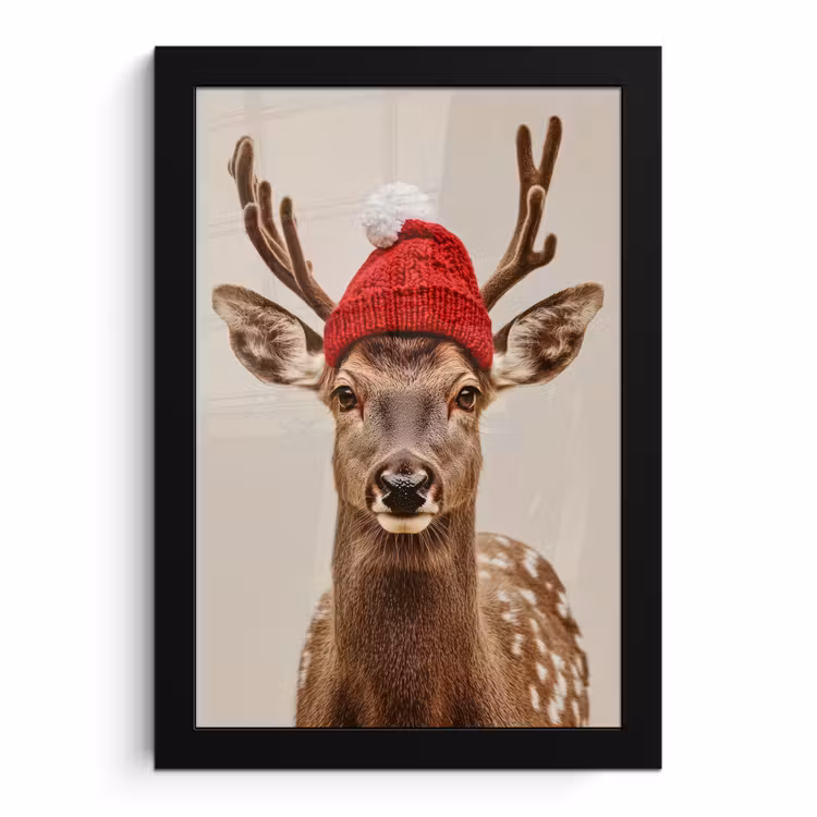 Poster met lijst - Hert - Kerst - Muts - Dieren - Winter - Grappig — 1