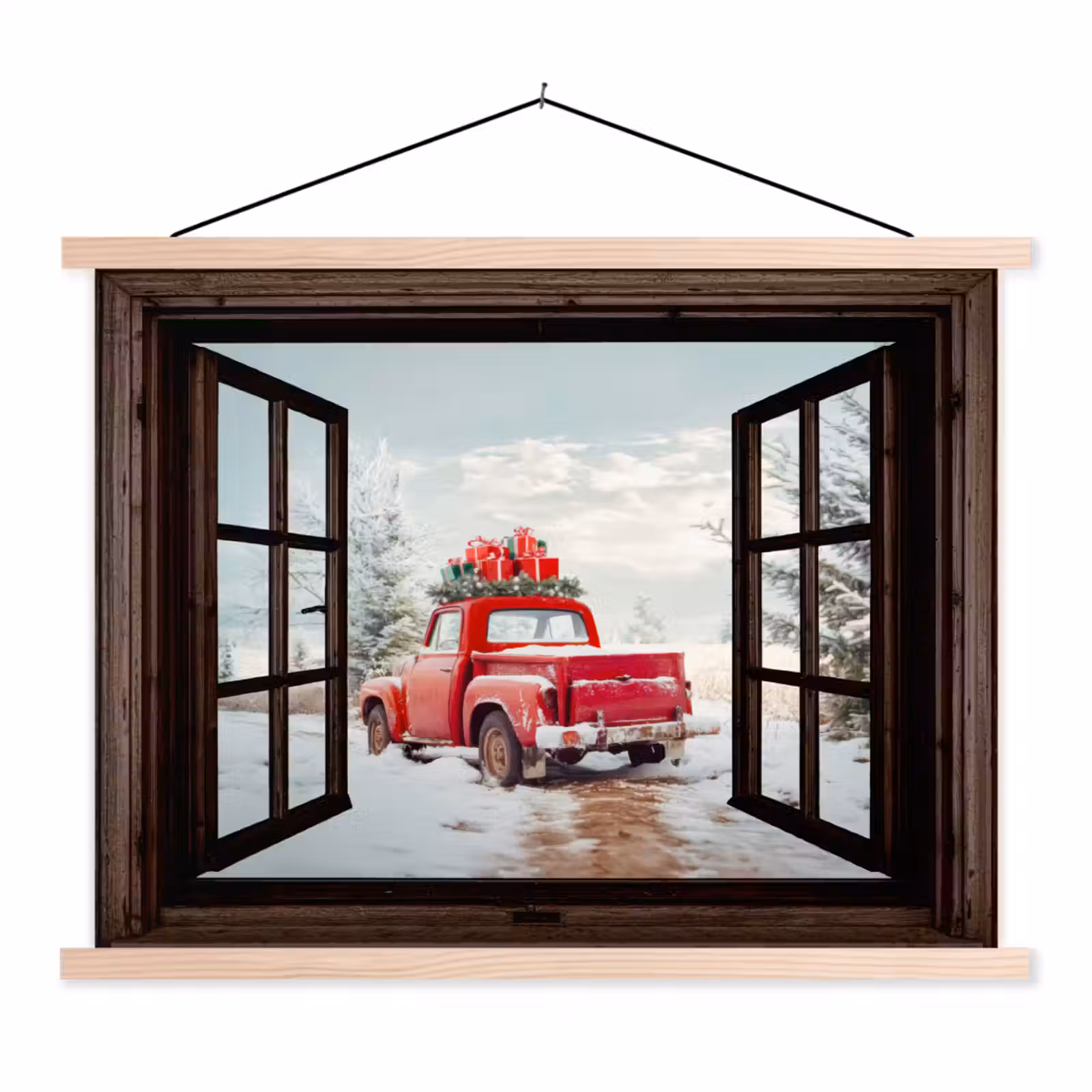 Schoolplaat - Doorkijk - Auto - Rood - Cadeaus - Winterlandschap - Kerst — 1