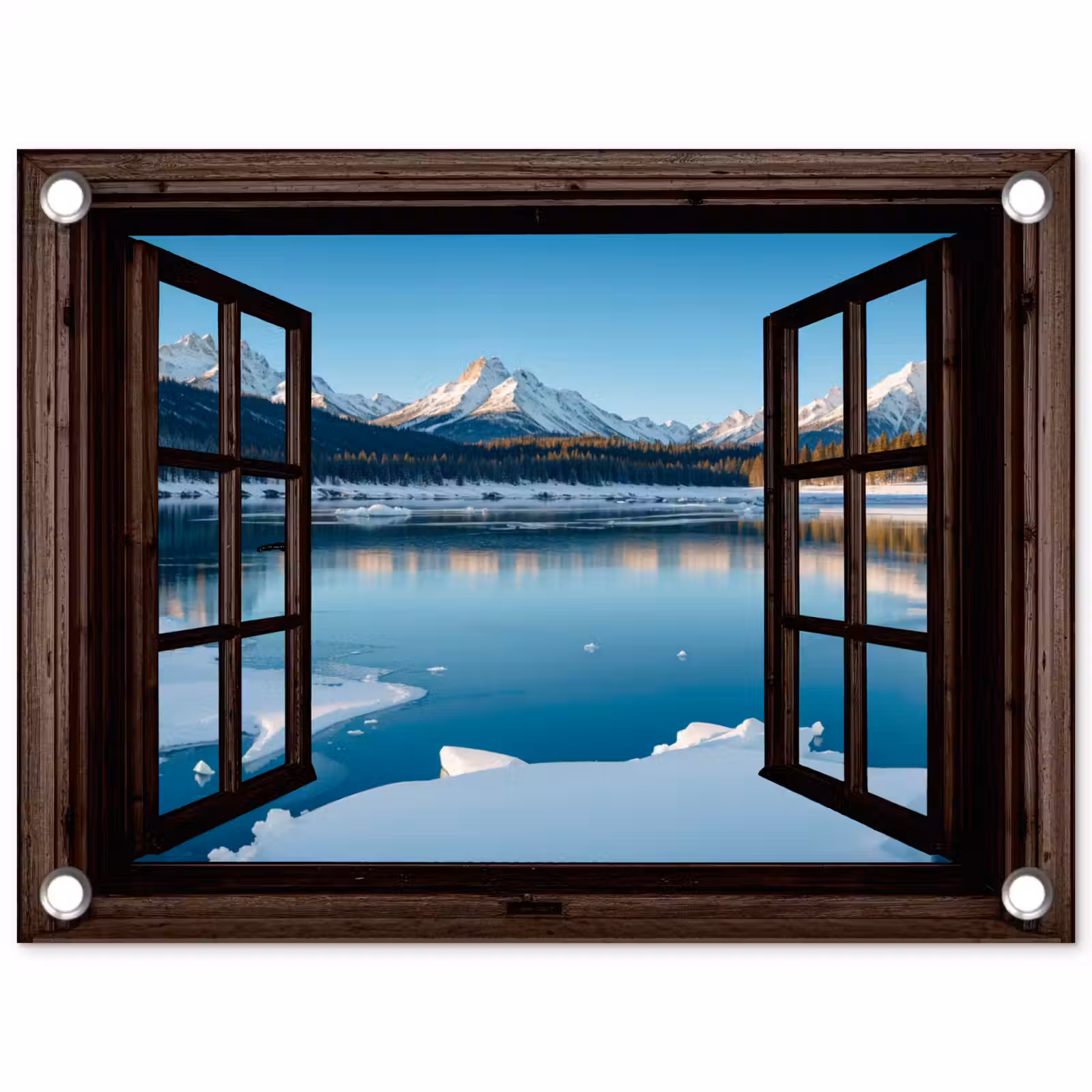 Tuinposter - Doorkijk - Winterlandschap - Meer - Bergen - Uitzicht — 1