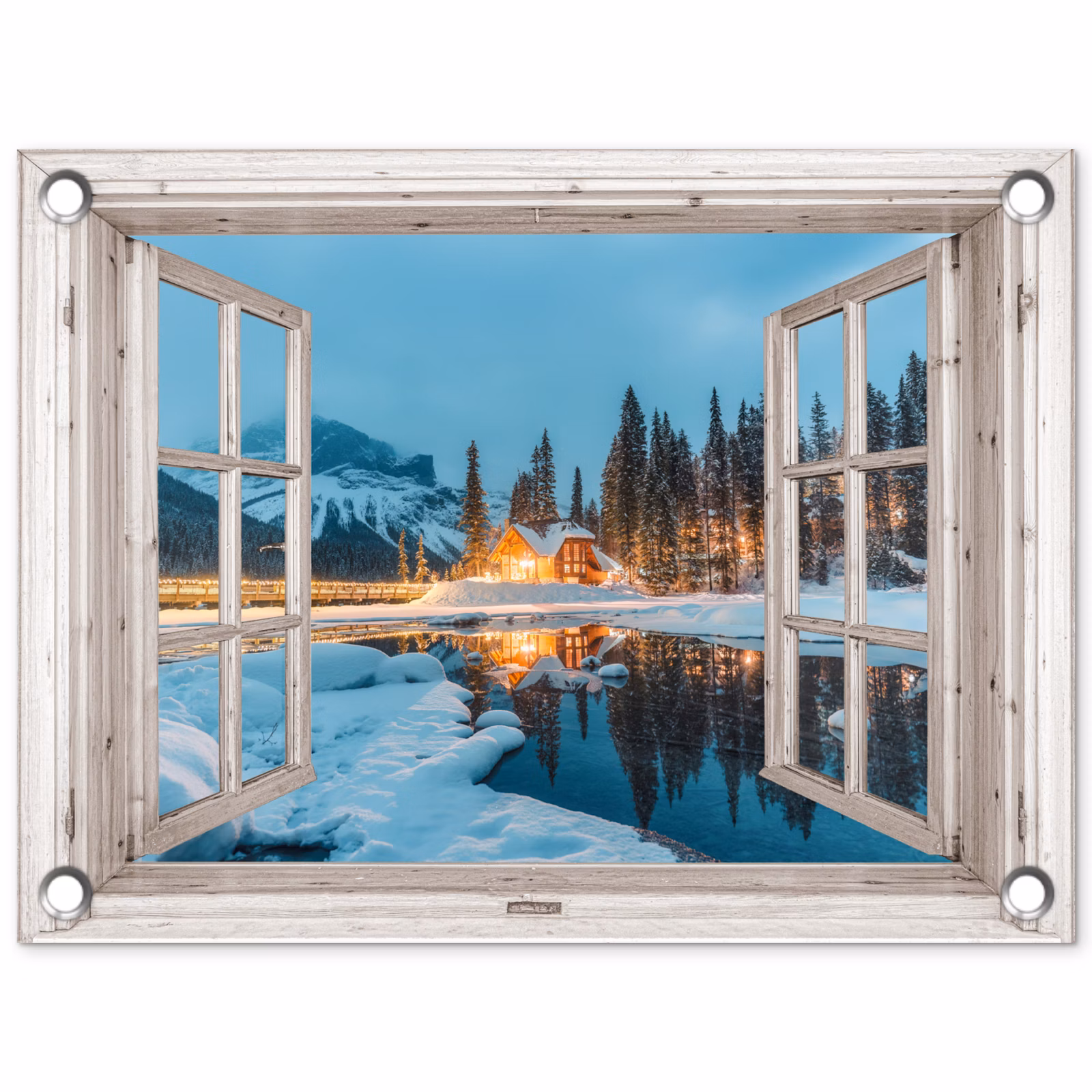 Tuinposter - Doorkijk - Winterlandschap - Natuur - Huis - Bergen — 1