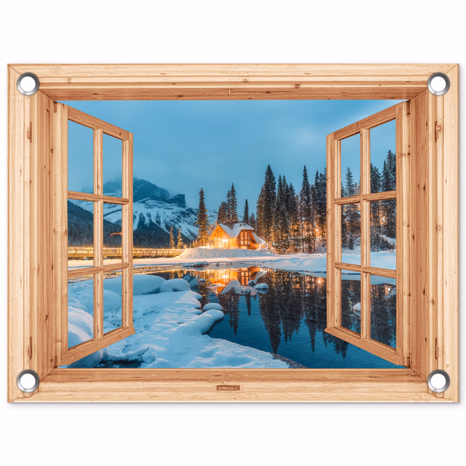 Tuinposter - Winterlandschap - Natuur - Huis - Bergen - Doorkijk - Raam — 1