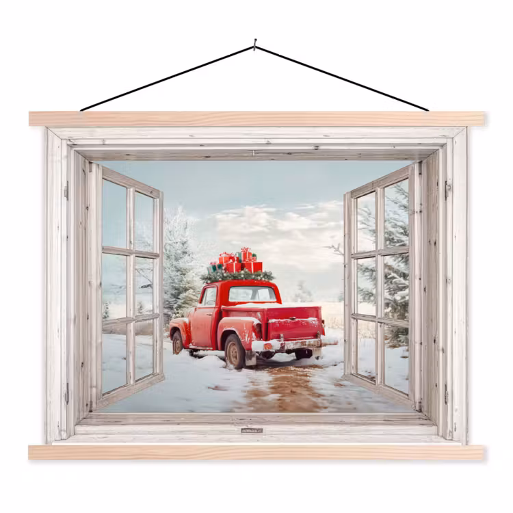 Schoolplaat - Auto - Rood - Cadeaus - Winter - Kerst - Doorkijk - Wit — 1