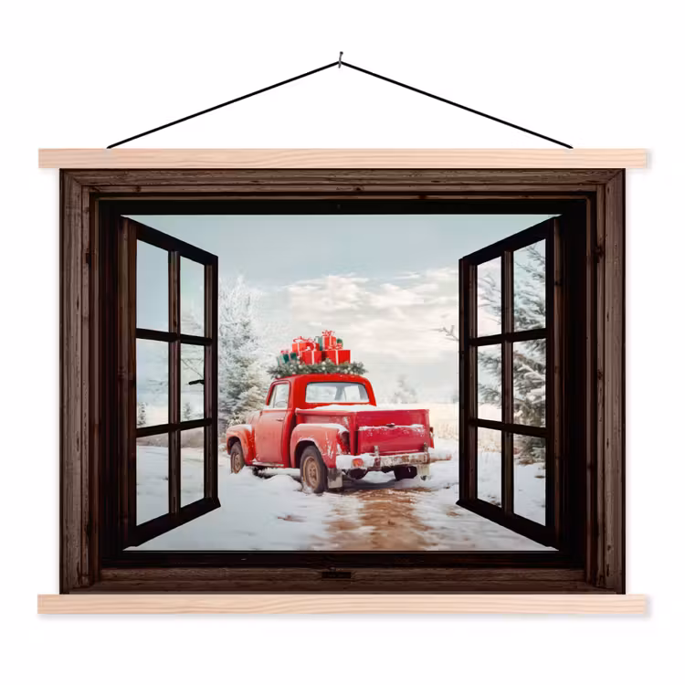 Schoolplaat - Doorkijk - Auto - Rood - Cadeaus - Winterlandschap - Kerst — 1