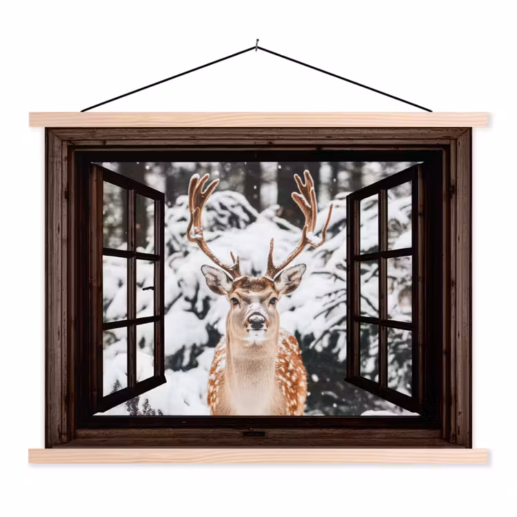Schoolplaat - Hert - Sneeuw - Winter - Bos - Dieren - Doorkijk — 1