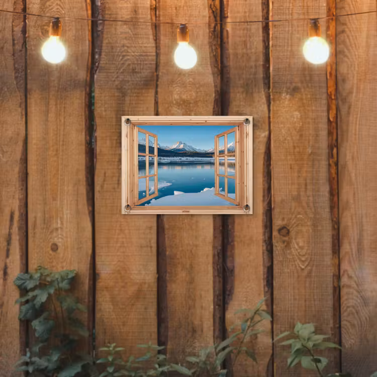 Tuinposter - Doorkijk - Landschap - Winter - Meer - Bergen - Uitzicht — 2