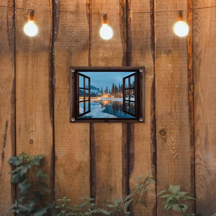 Tuinposter - Doorkijk - Winter - Landschap - Natuur - Huis - Bergen — 2