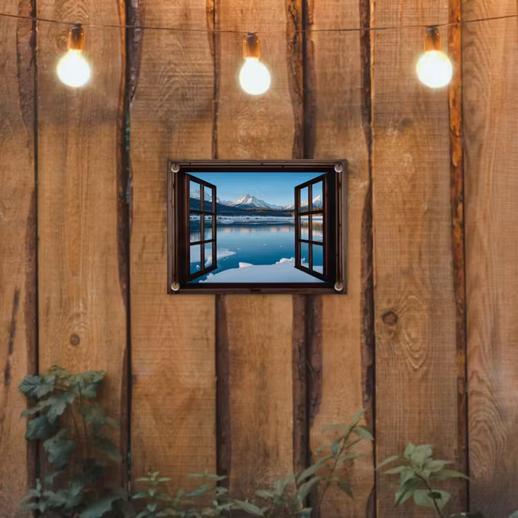Tuinposter - Doorkijk - Winterlandschap - Meer - Bergen - Uitzicht — 2