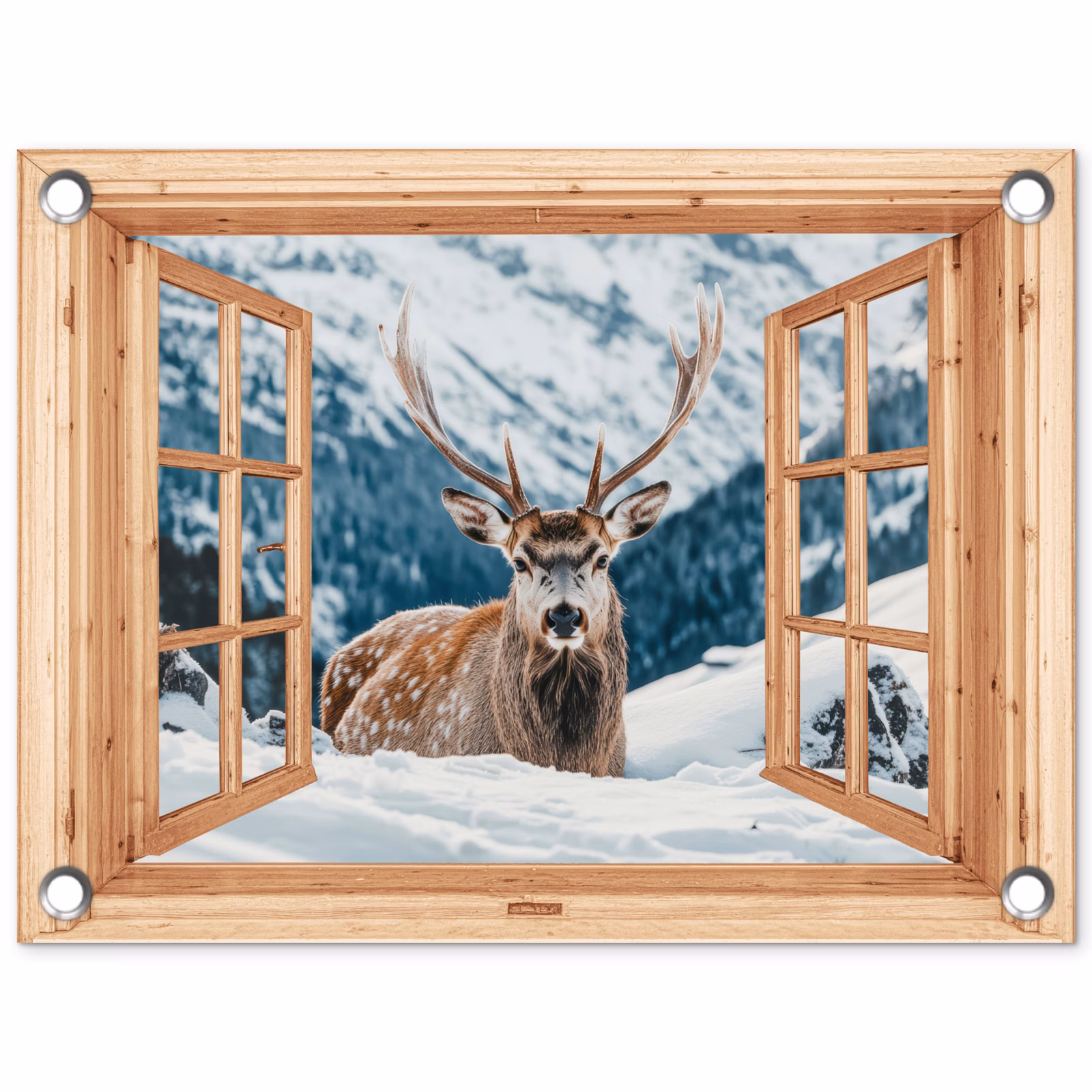 Tuinposter - Doorkijk - Hert - Landschap - Winter - Natuur - Dieren - Bergen — 1