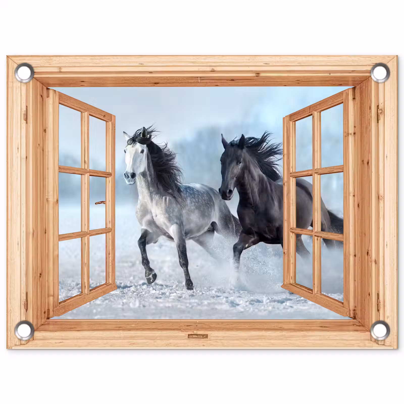 Tuinposter - Doorkijk - Paarden - Winter - Dieren - Natuur - Hout — 1