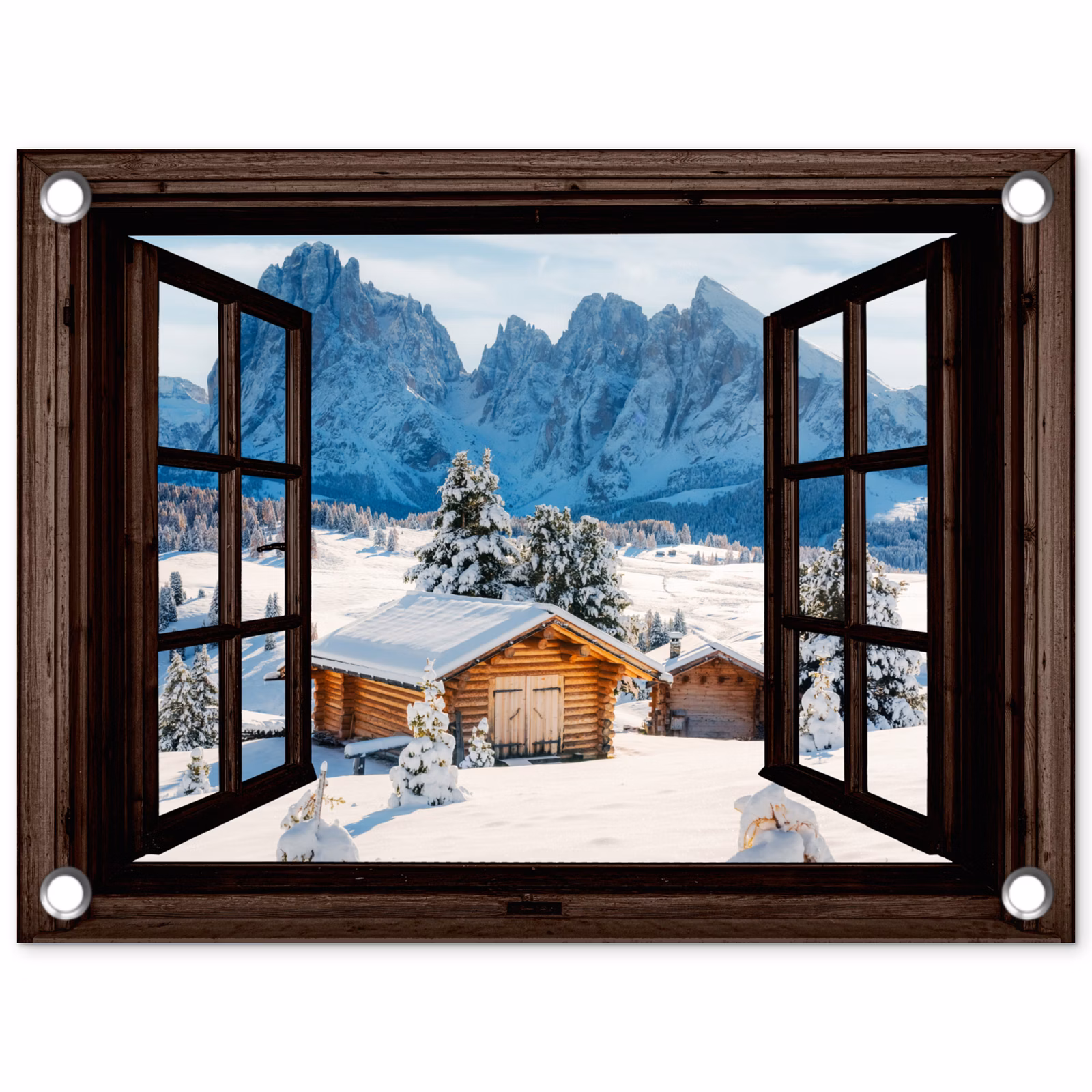 Tuinposter - Doorkijk - Winter - Landschap - Huisje - Bergen — 1