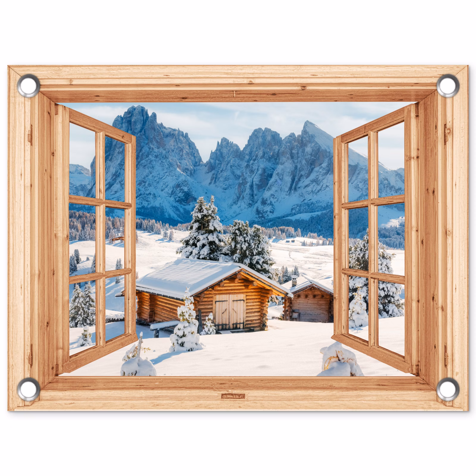 Tuinposter - Doorkijk - Winterlandschap - Huisje - Bergen - Uitzicht — 1