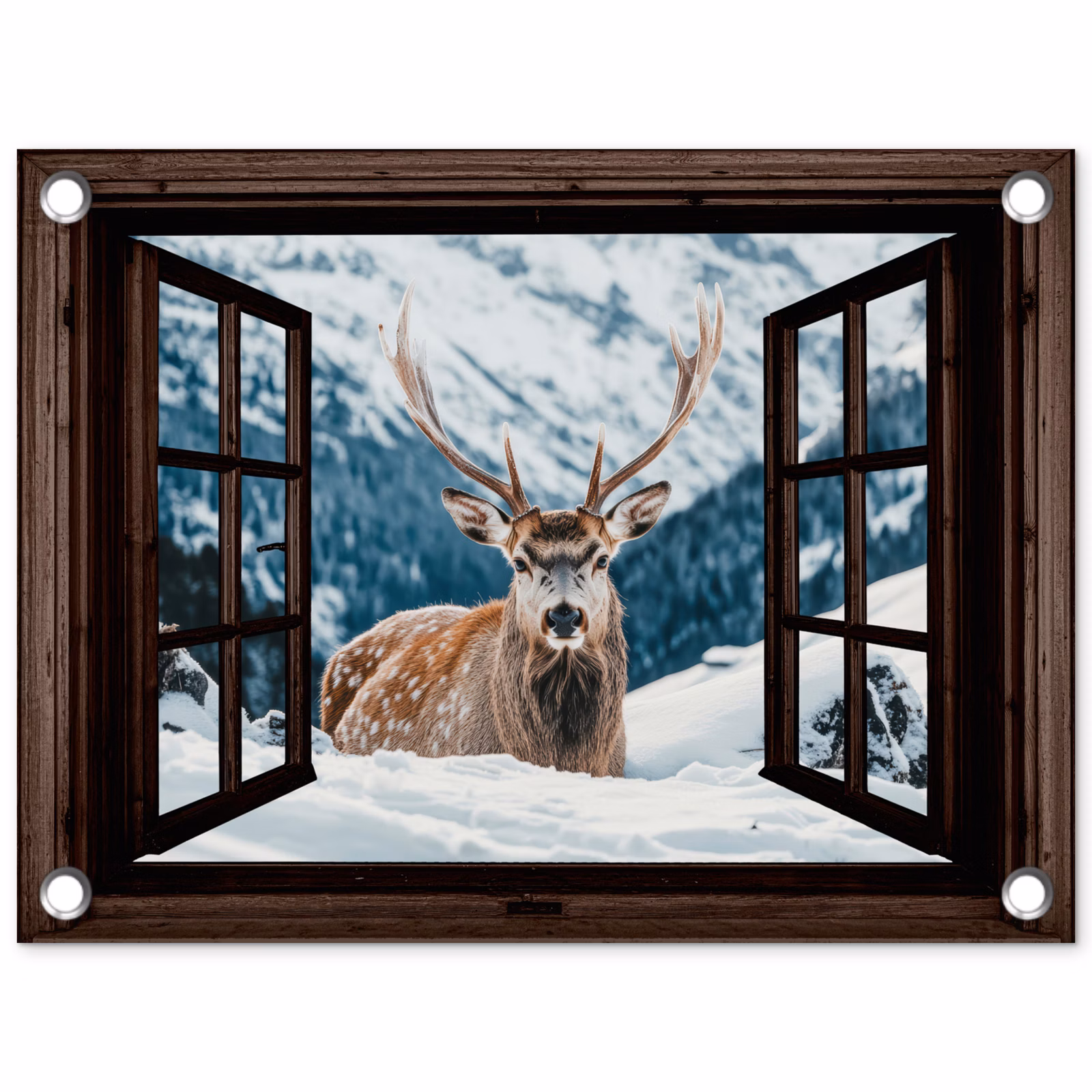 Tuinposter - Hert - Landschap - Winter - Natuur - Dieren - Doorkijk - Bergen — 1