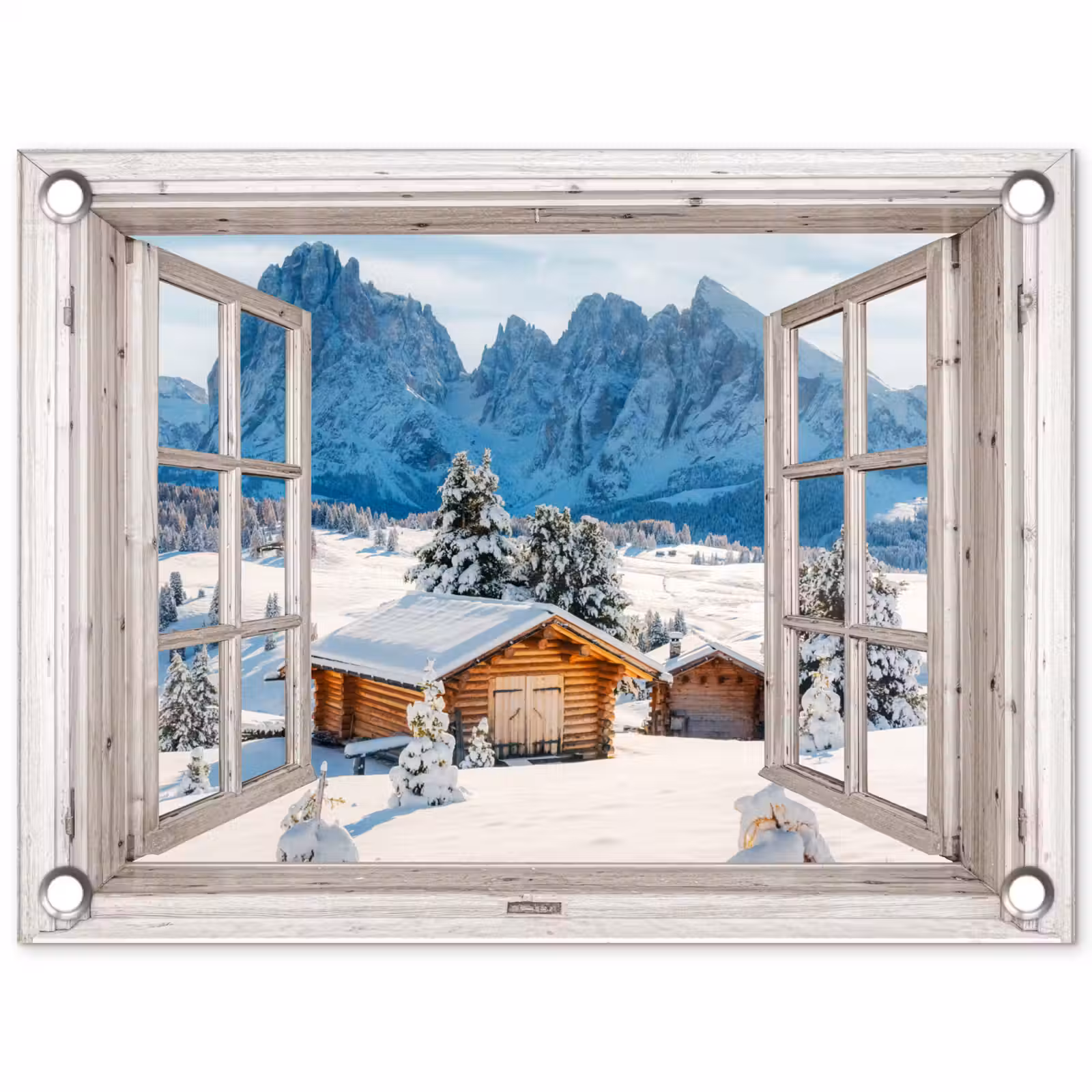 Tuinposter - Winterlandschap - Huisje - Bergen - Uitzicht - Doorkijk - Natuur — 1