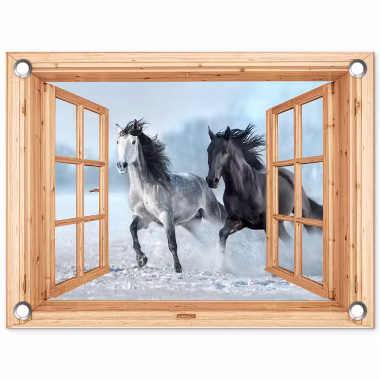 Tuinposter - Doorkijk - Paarden - Winter - Dieren - Natuur - Hout — 1