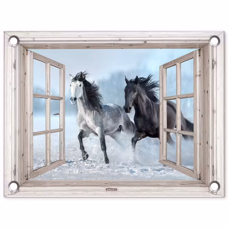 Tuinposter - Doorkijk - Paarden - Winter - Dieren - Natuur - Wit — 1