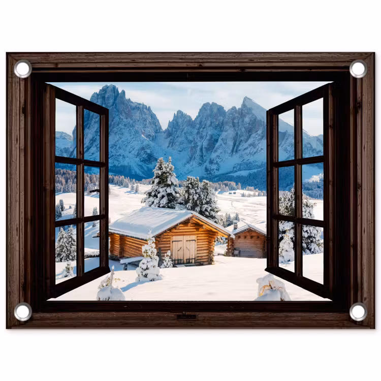 Tuinposter - Doorkijk - Winter - Landschap - Huisje - Bergen — 1
