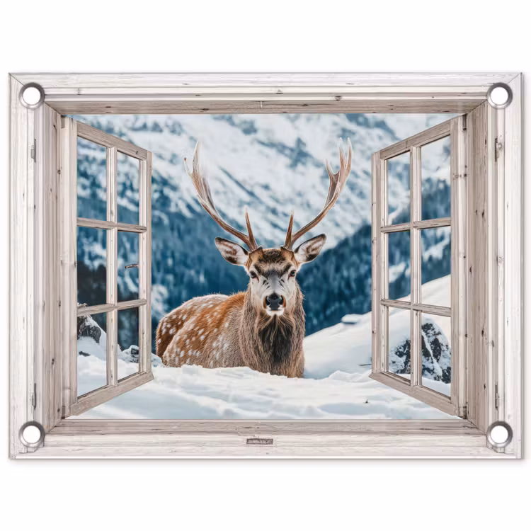 Tuinposter - Hert - Winterlandschap - Natuur - Dieren - Doorkijk - Bergen — 1