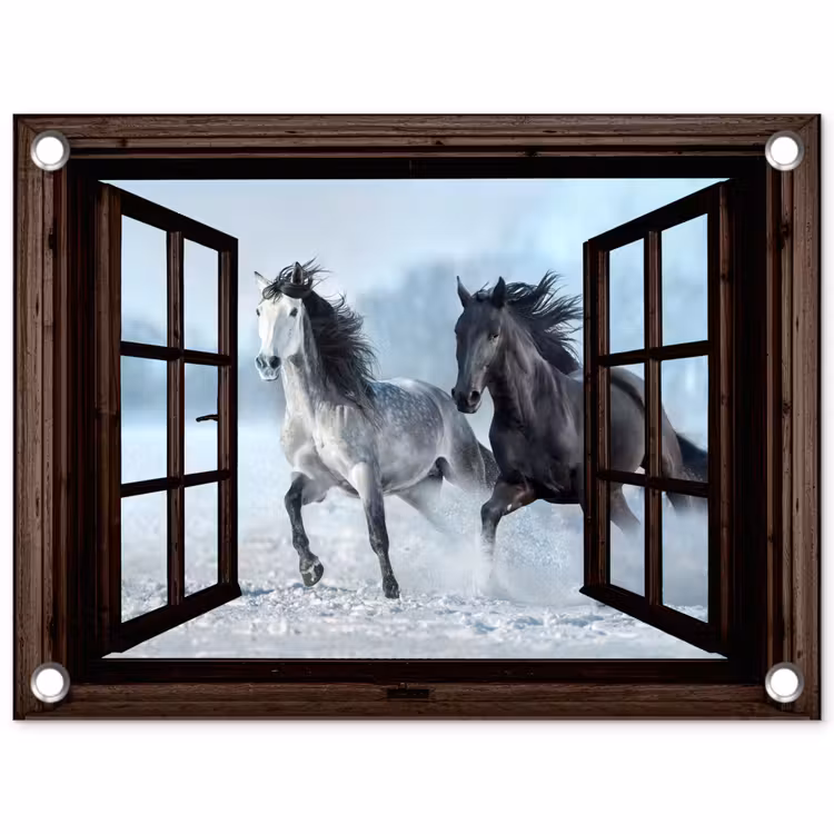 Tuinposter - Paarden - Winter - Dieren - Natuur - Doorkijk — 1