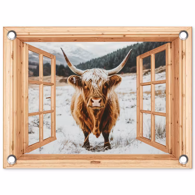 Tuinposter - Schotse Hooglander - Landschap - Landelijk - Bergen - Winter - Doorkijk — 1