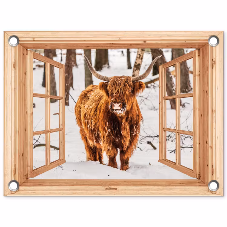 Tuinposter - Schotse Hooglander - Winter - Landschap - Natuur - Dieren - Doorkijk — 1