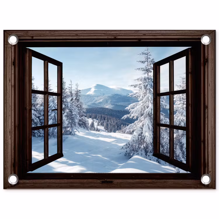 Tuinposter - Winter - Landschap - Natuur - Berg - Bomen - Doorkijk - Uitzicht — 1