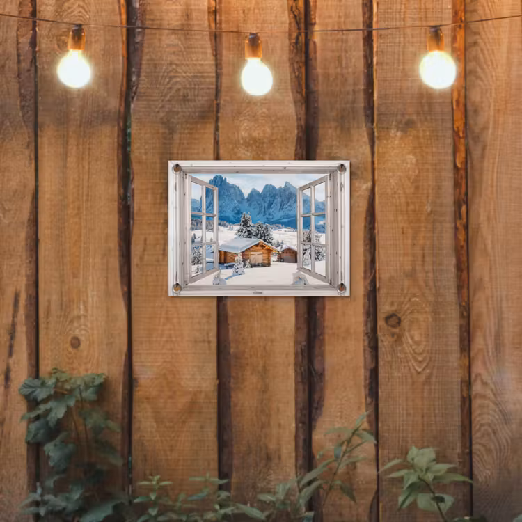 Tuinposter - Winterlandschap - Huisje - Bergen - Uitzicht - Doorkijk - Natuur — 2