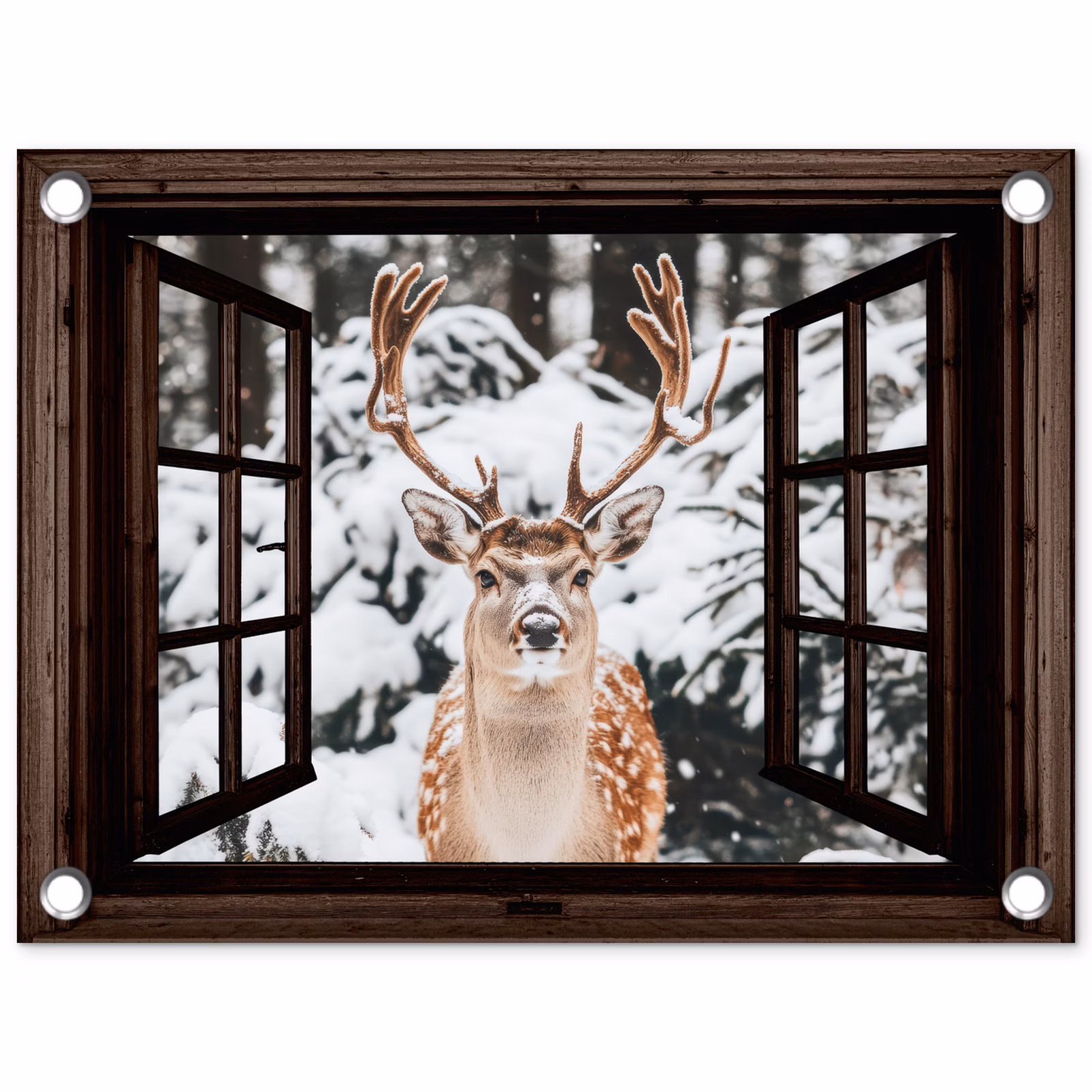Tuinposter - Hert - Sneeuw - Winter - Bos - Dieren - Doorkijk — 1