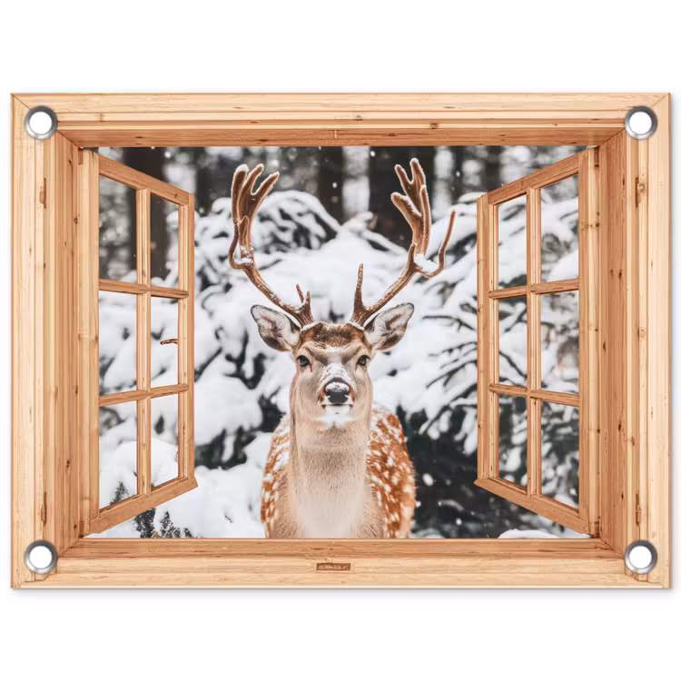 Tuinposter - Doorkijk - Hert - Sneeuw - Winter - Bos - Dieren — 1