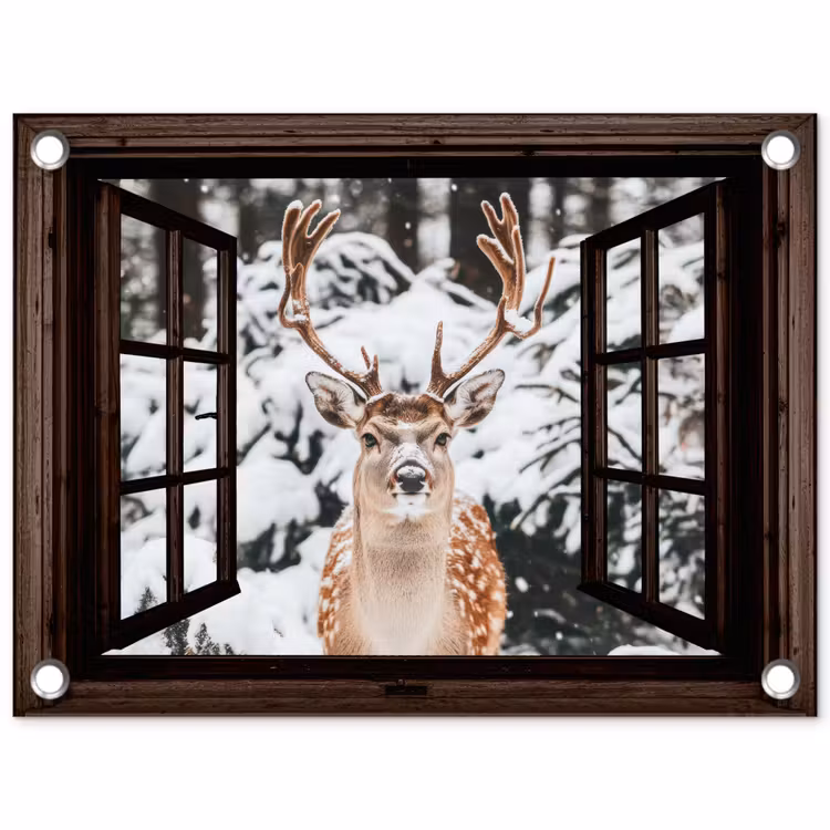 Tuinposter - Hert - Sneeuw - Winter - Bos - Dieren - Doorkijk — 1