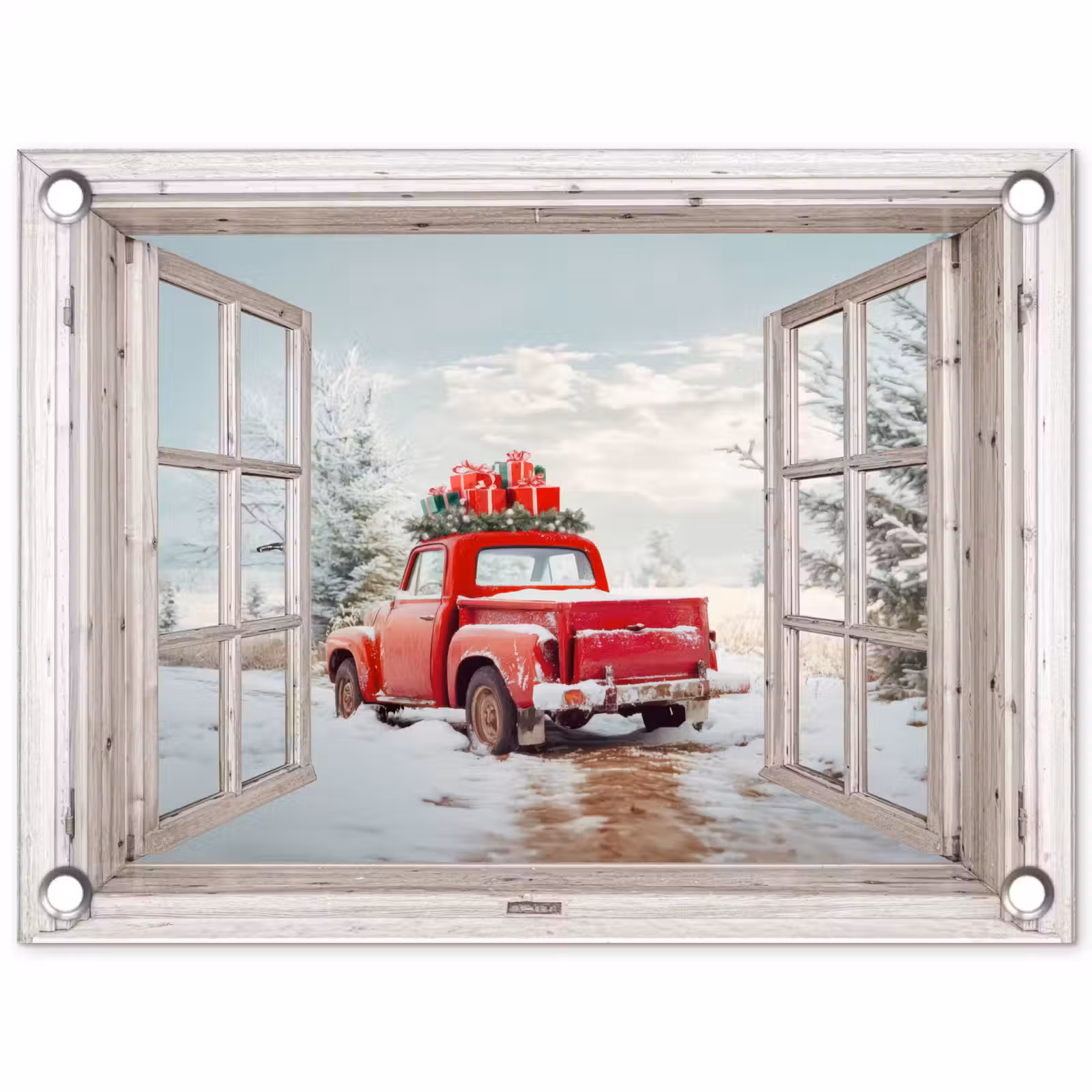 Tuinposter - Auto - Rood - Cadeaus - Winter - Kerst - Doorkijk - Wit — 1