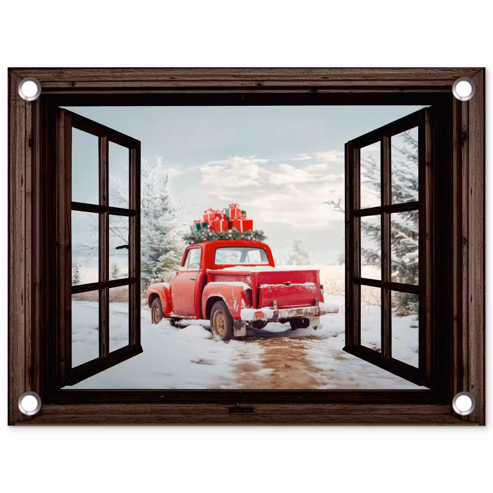 Tuinposter - Doorkijk - Auto - Rood - Cadeaus - Winterlandschap - Kerst — 1